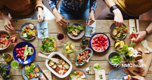 looking down at table filled with food