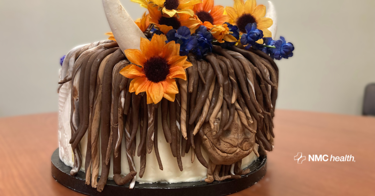 homemade decorated cake made to look like a highland cow with sunflowers on its head